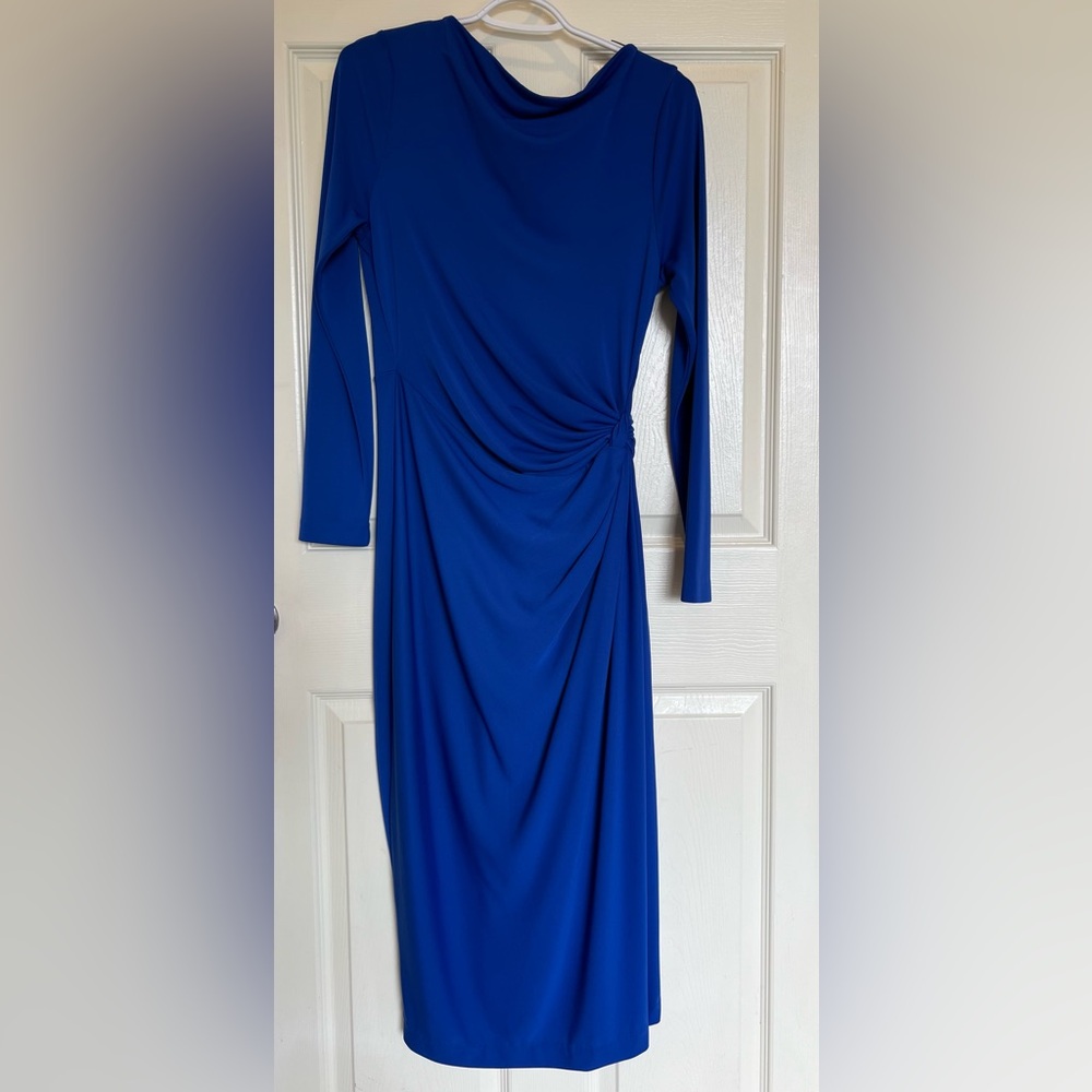Donna Karan New York Blue Draped Ruched Midi Bodycon Elegant Stretch Dress